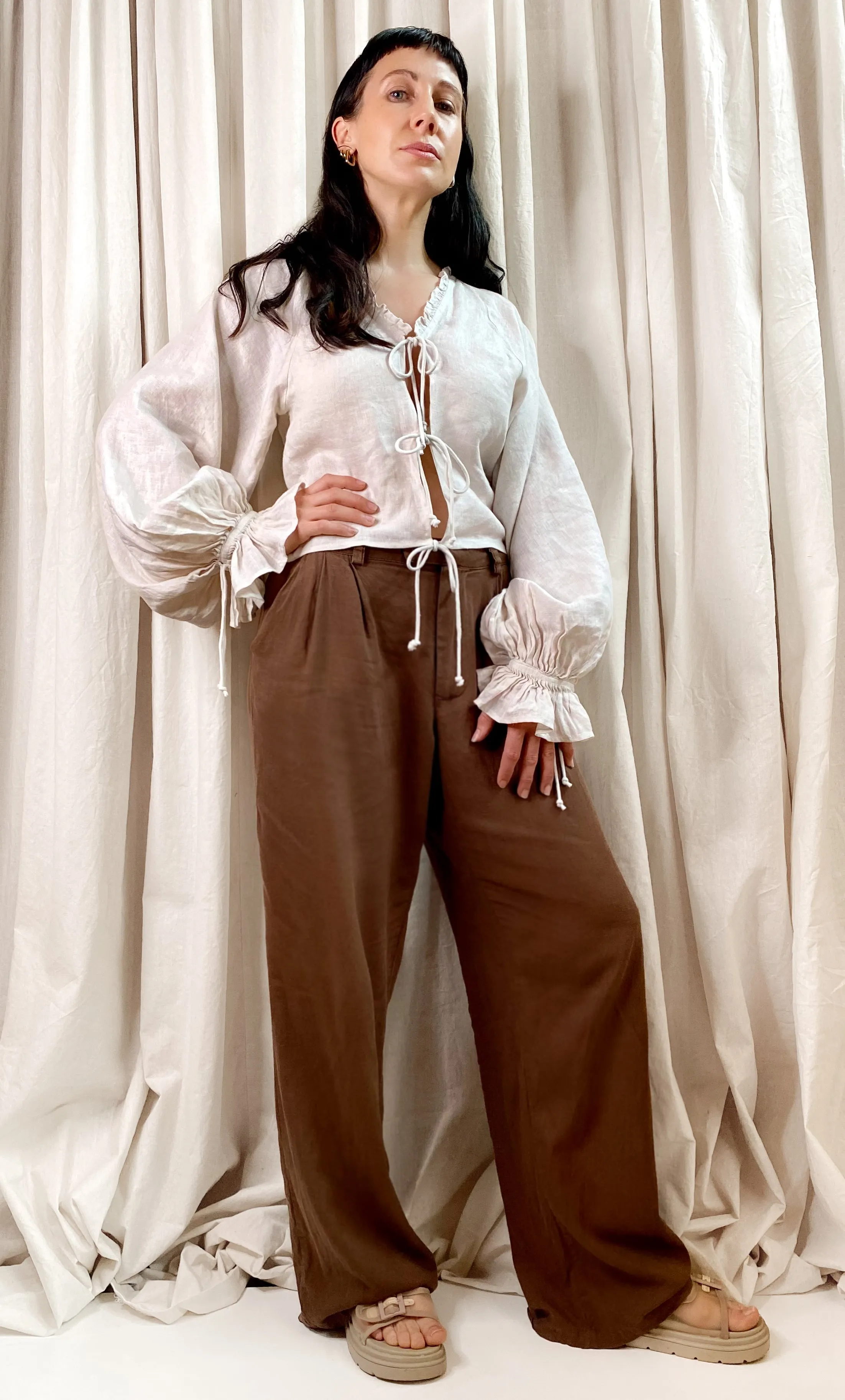 • REIMAGINED • Kinga Csilla Linen Tie Top [ Natural, Cream, Long Gathered Sleeves, Cropped,  Size 10 ]