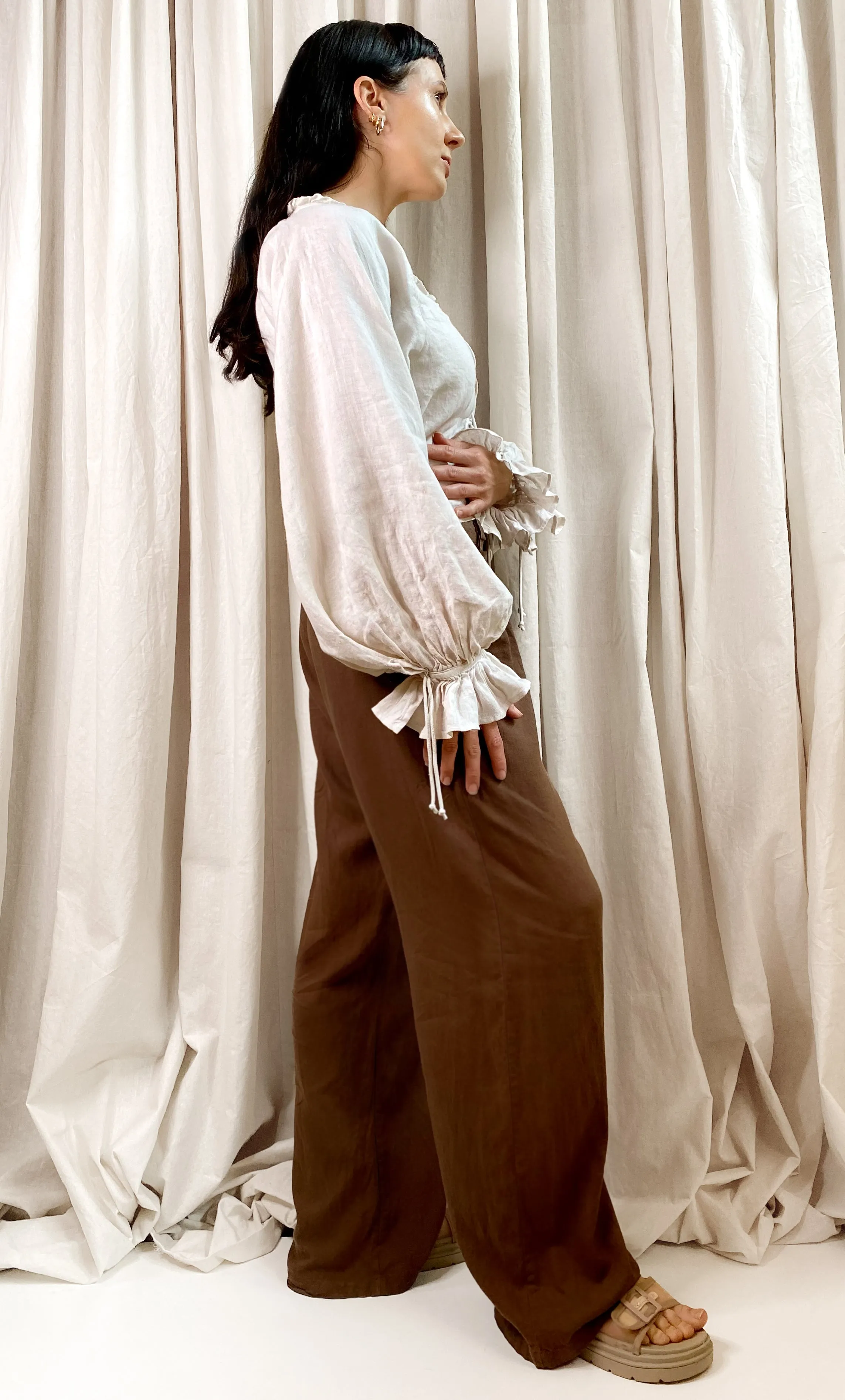 • REIMAGINED • Kinga Csilla Linen Tie Top [ Natural, Cream, Long Gathered Sleeves, Cropped,  Size 10 ]