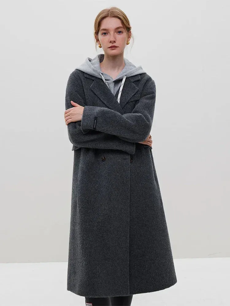 100% Wool Dark Grey Winter Mid-Length Straight Wool Coat - Simple Notched Collar, Temperament Shoulder Design