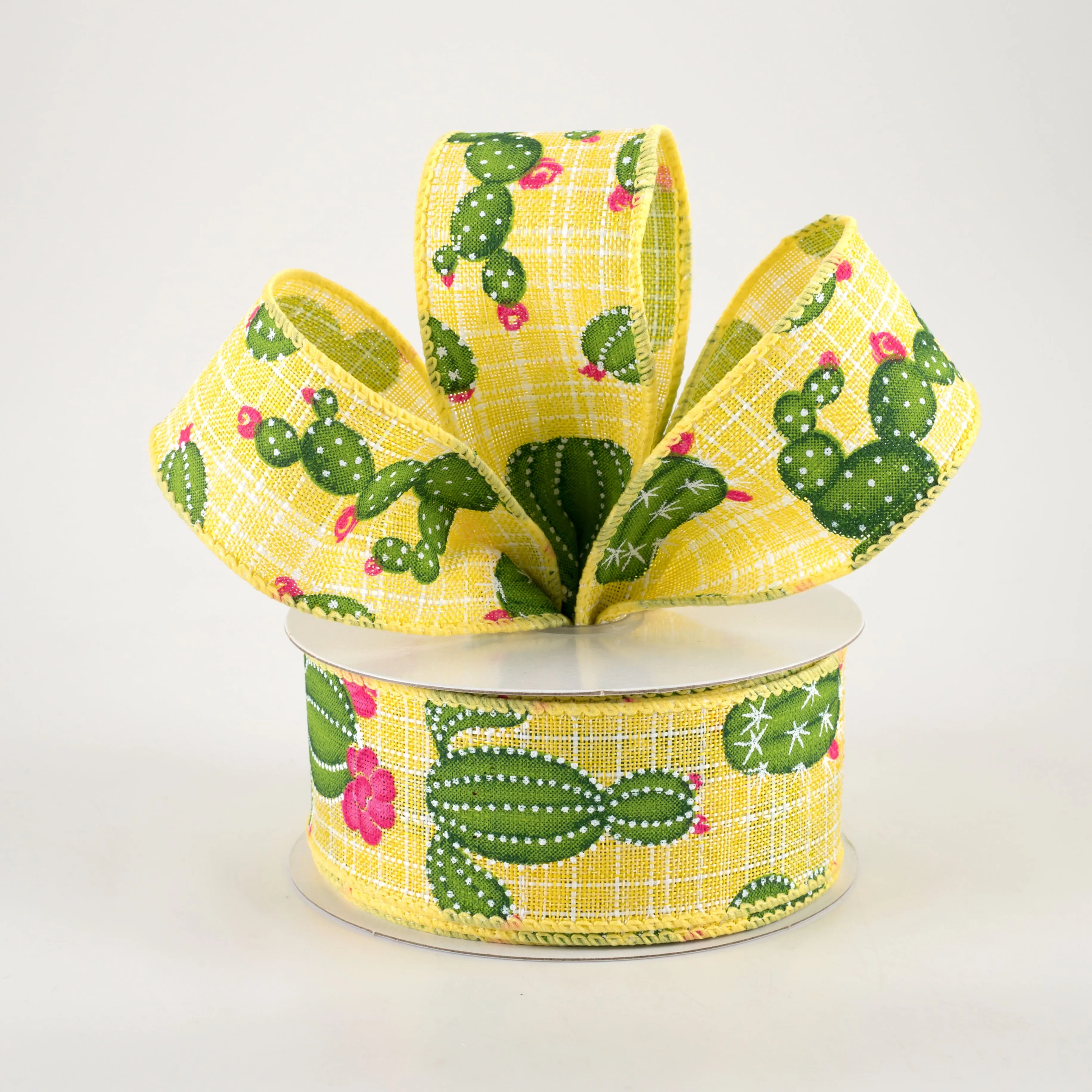 1.5" Fuchsia Flower Cactus Ribbon: Yellow (10 Yards)