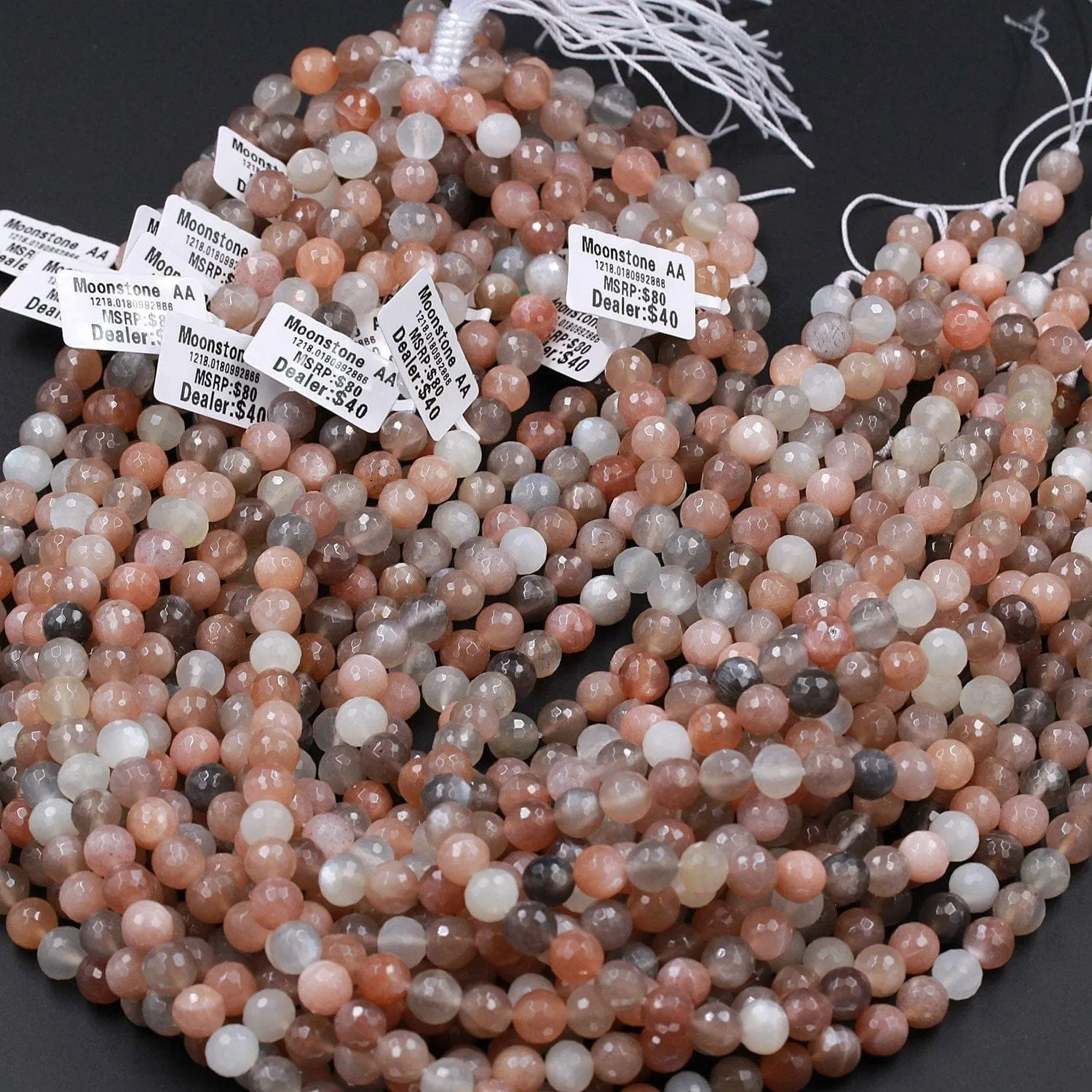 AA Faceted Multicolor Natural Creamy Peach Gray Moonstone 8mm Faceted Round Beads High Quality Micro Faceted Sparkling Gemstone 16" Strand