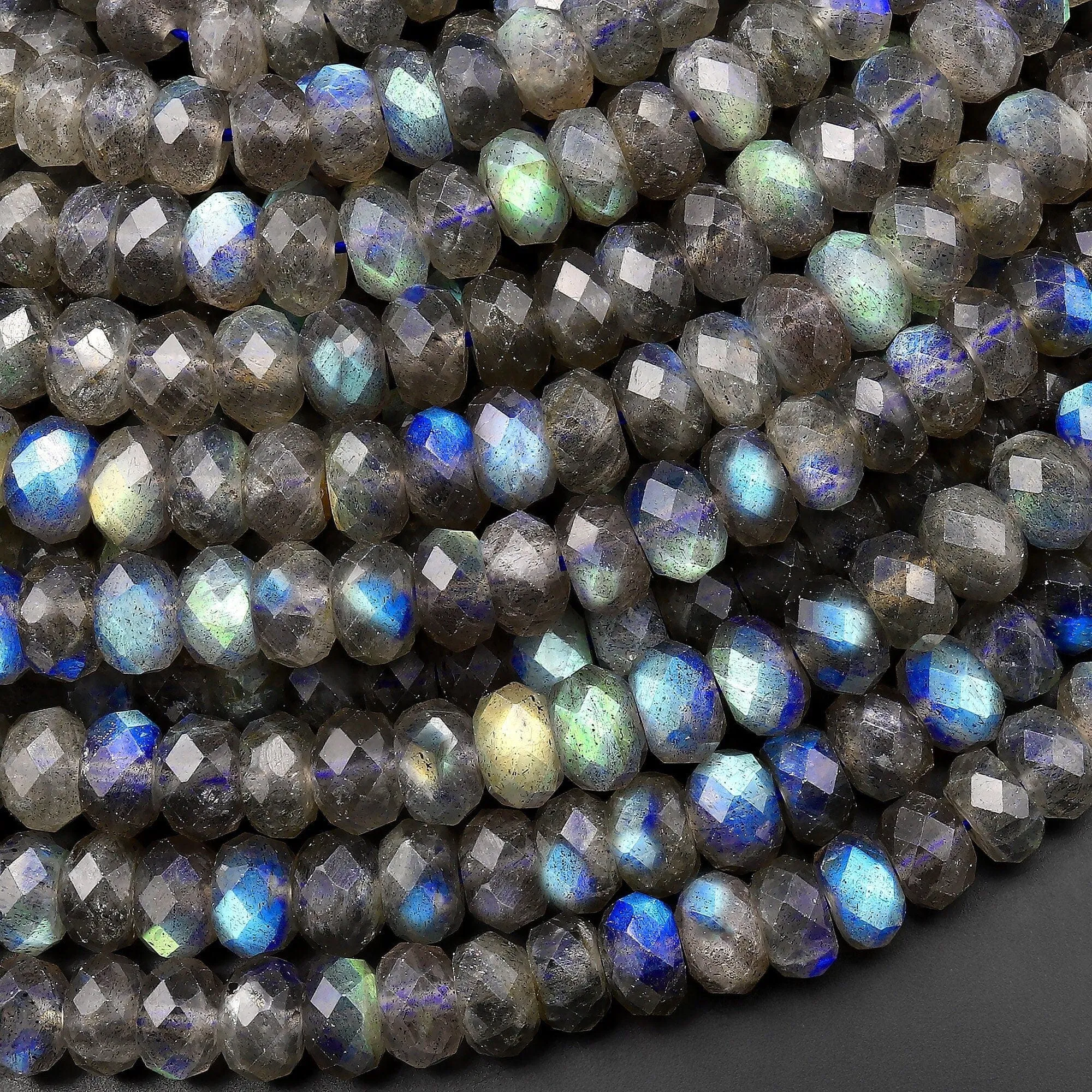 AAA Faceted Labradorite Rondelle Beads 8mm Brilliant Rainbow Blue Flashes Fire Diamond Cut 15.5" Strand