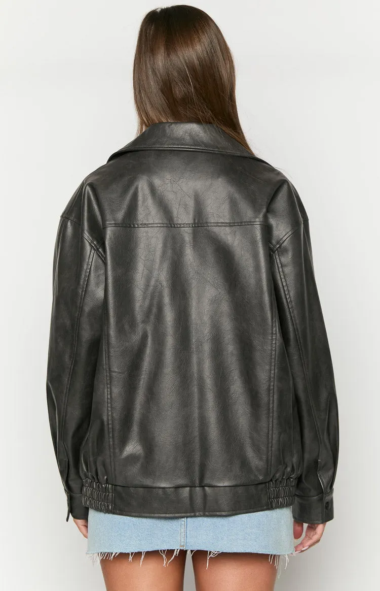 Abbi PU Vintage Black Bomber Jacket