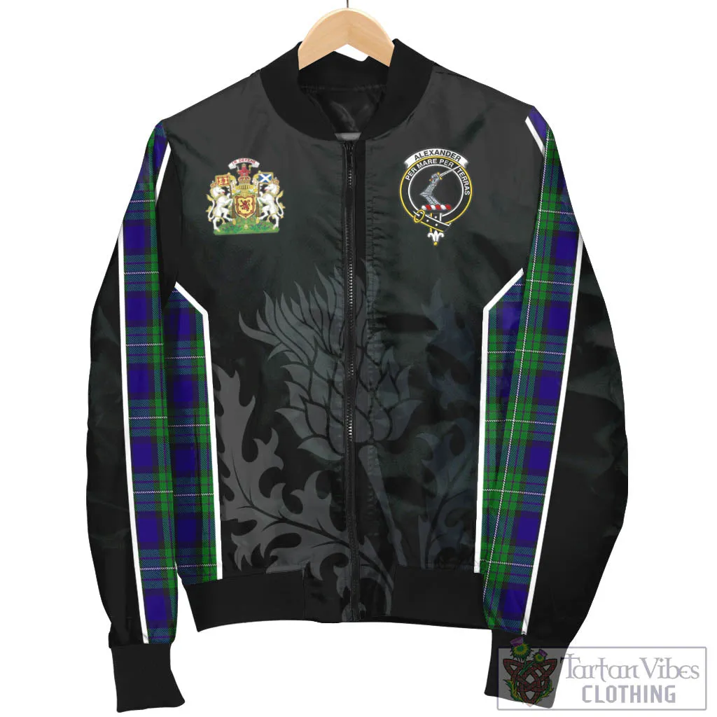 Alexander Tartan Bomber Jacket with Family Crest and Scottish Thistle Vibes Sport Style