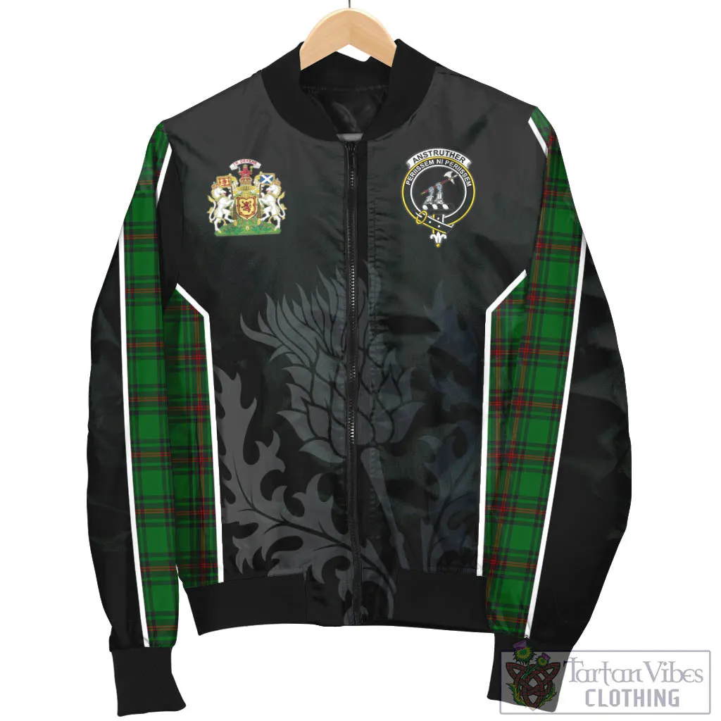 Anstruther Tartan Bomber Jacket with Family Crest and Scottish Thistle Vibes Sport Style