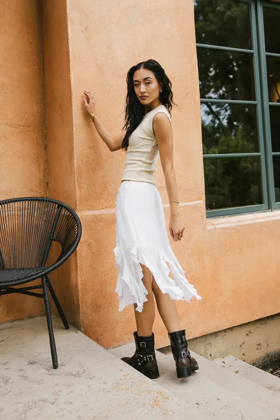 Arista Ruffled Midi Skirt in White