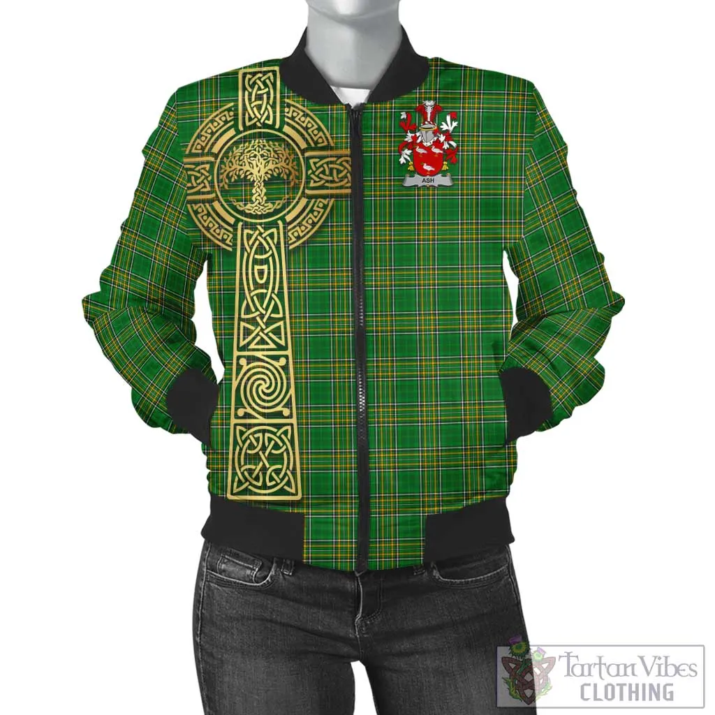 Ash Irish Clan Tartan Bomber Jacket with Coat of Arms Celtic Tree of Life Style