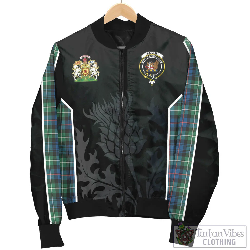 Baillie Ancient Tartan Bomber Jacket with Family Crest and Scottish Thistle Vibes Sport Style