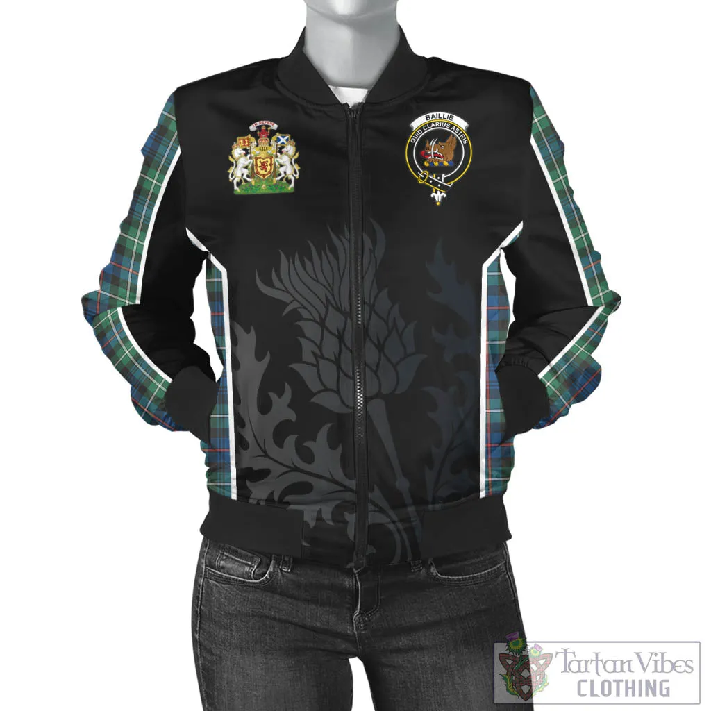 Baillie Ancient Tartan Bomber Jacket with Family Crest and Scottish Thistle Vibes Sport Style