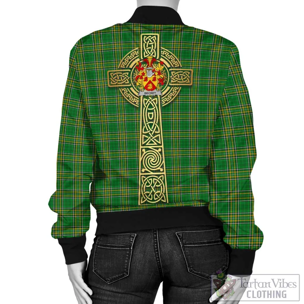 Becket Irish Clan Tartan Bomber Jacket with Coat of Arms Celtic Tree of Life Style