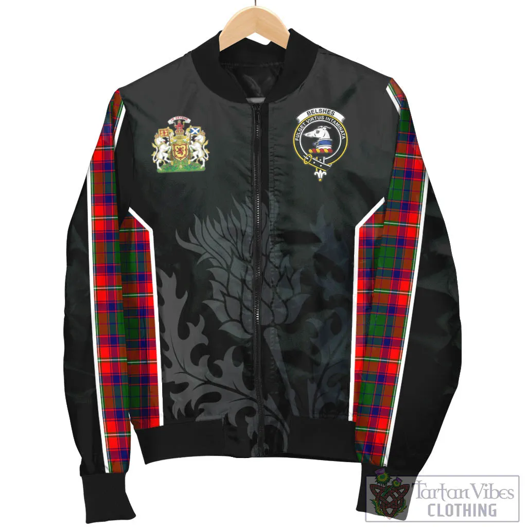 Belshes Tartan Bomber Jacket with Family Crest and Scottish Thistle Vibes Sport Style