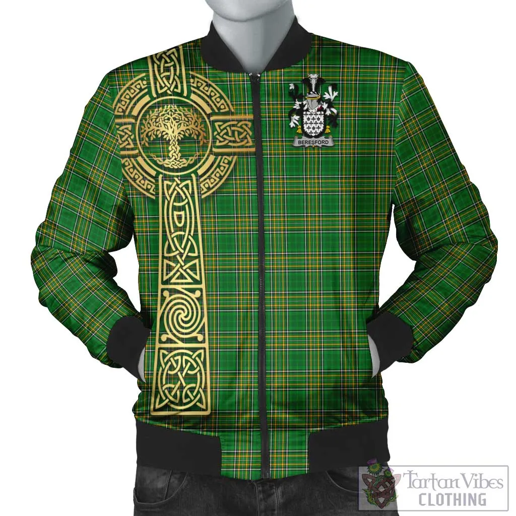 Beresford Irish Clan Tartan Bomber Jacket with Coat of Arms Celtic Tree of Life Style