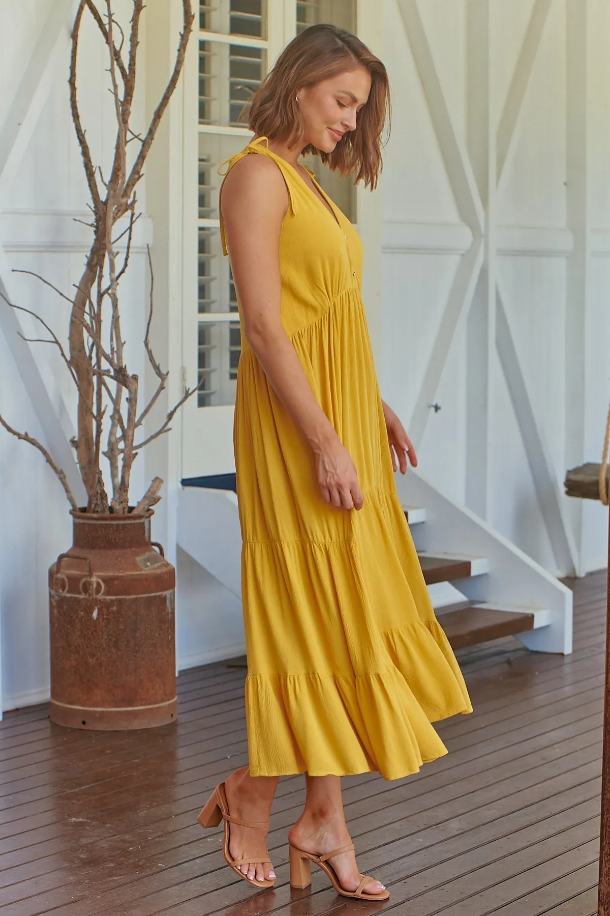 Bethanie Layered Midi Mustard Yellow Dress