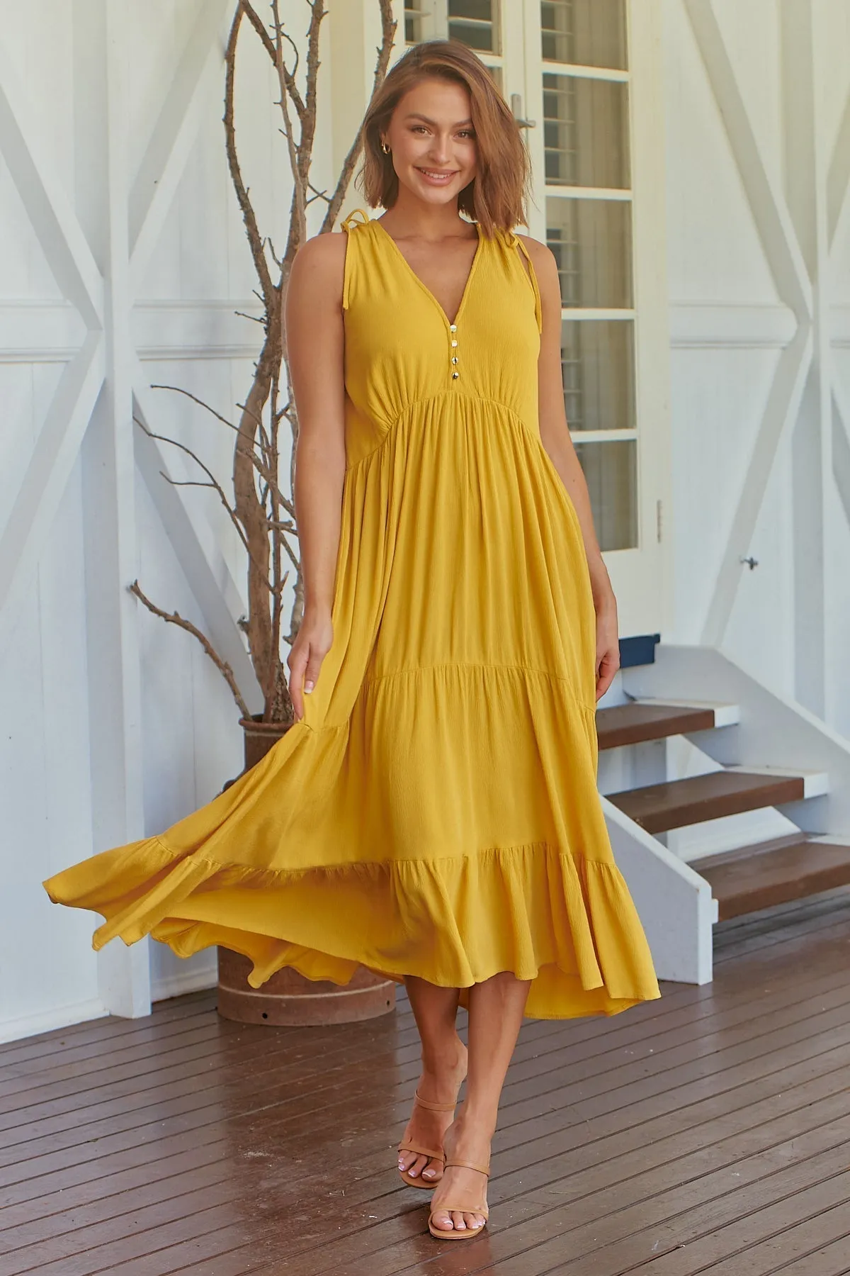 Bethanie Layered Midi Mustard Yellow Dress