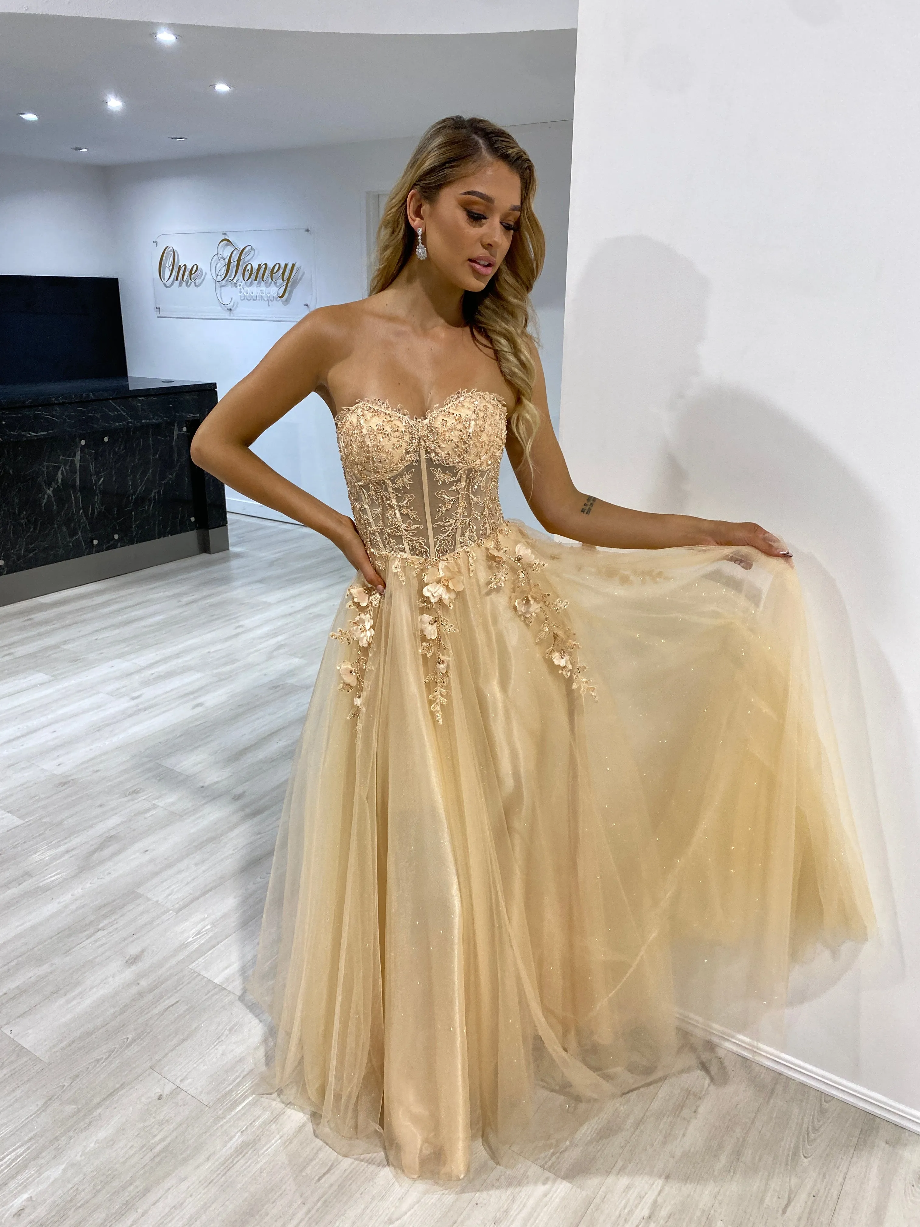 BLOOM Bustier Lace Applique Romantic Tulle Formal Dress