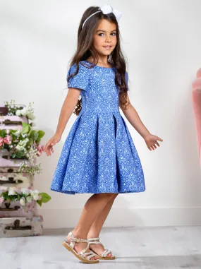 Blue Brocade Pleated Midi Dress by Kids Couture