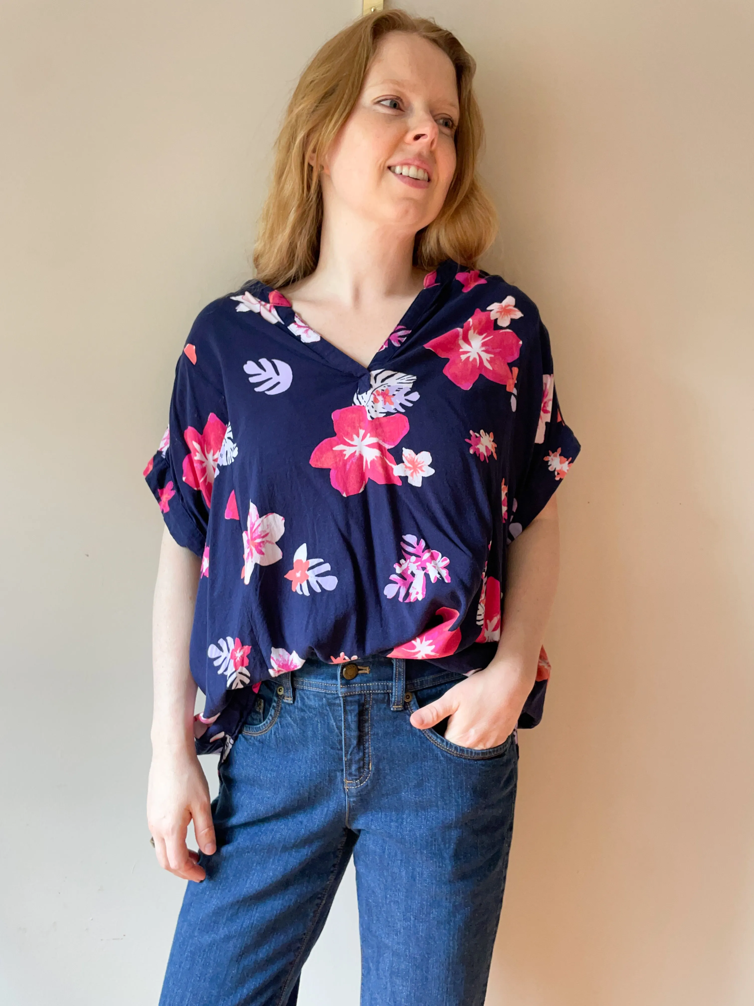 Blue Hibiscus Floral V-Neck Top - 2X