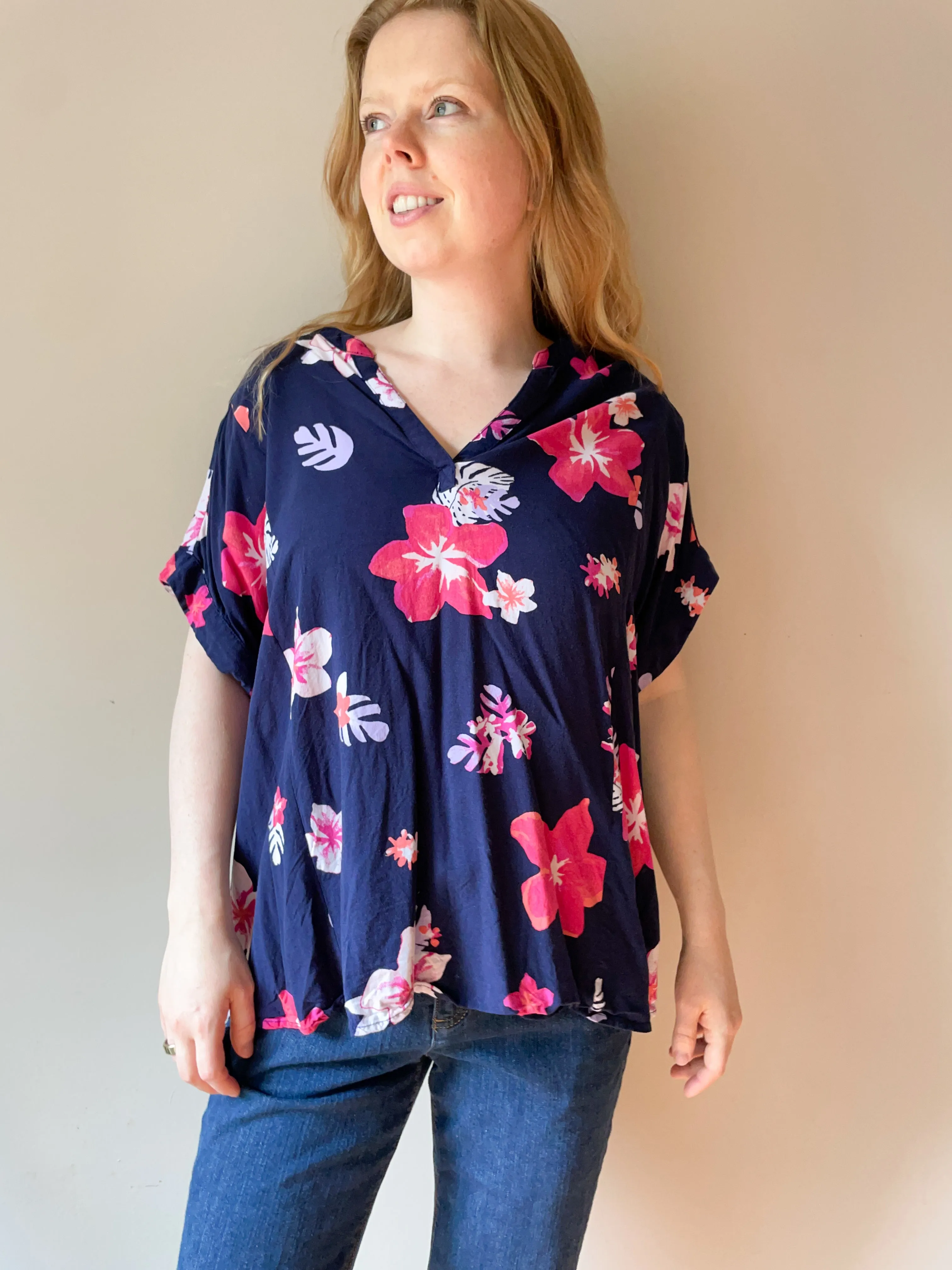 Blue Hibiscus Floral V-Neck Top - 2X