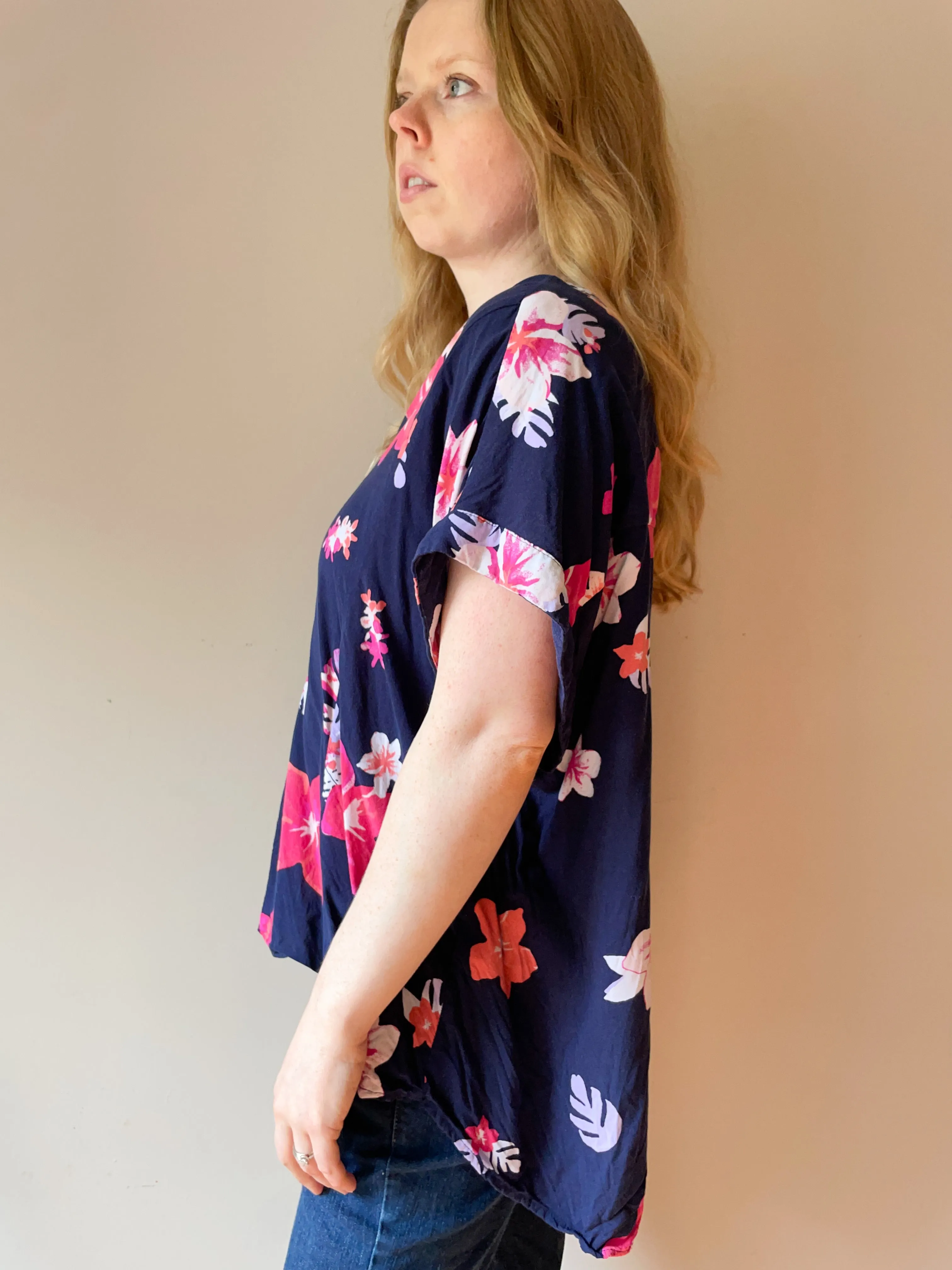 Blue Hibiscus Floral V-Neck Top - 2X