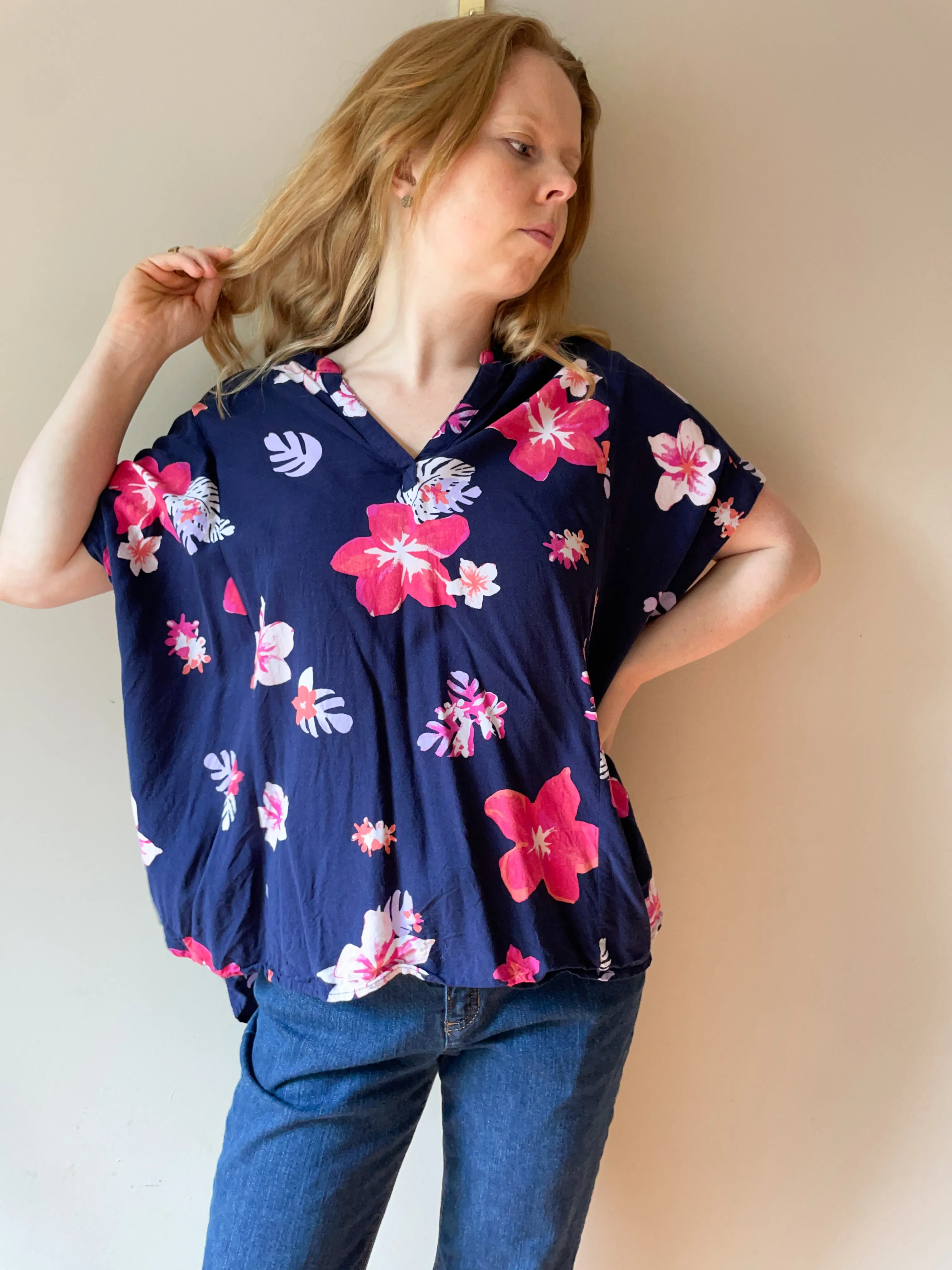 Blue Hibiscus Floral V-Neck Top - 2X