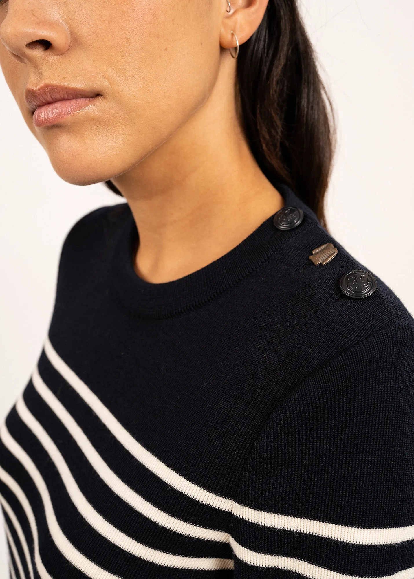 Bregançon striped sailor jumper - solid elbow patches, in wool (NAVY/ECUME)