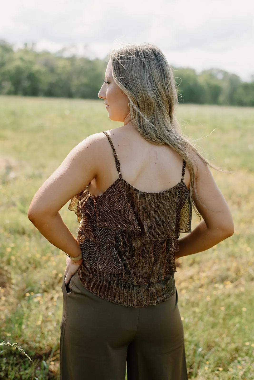 Brown Glitz Ruffle Sleeveless Top