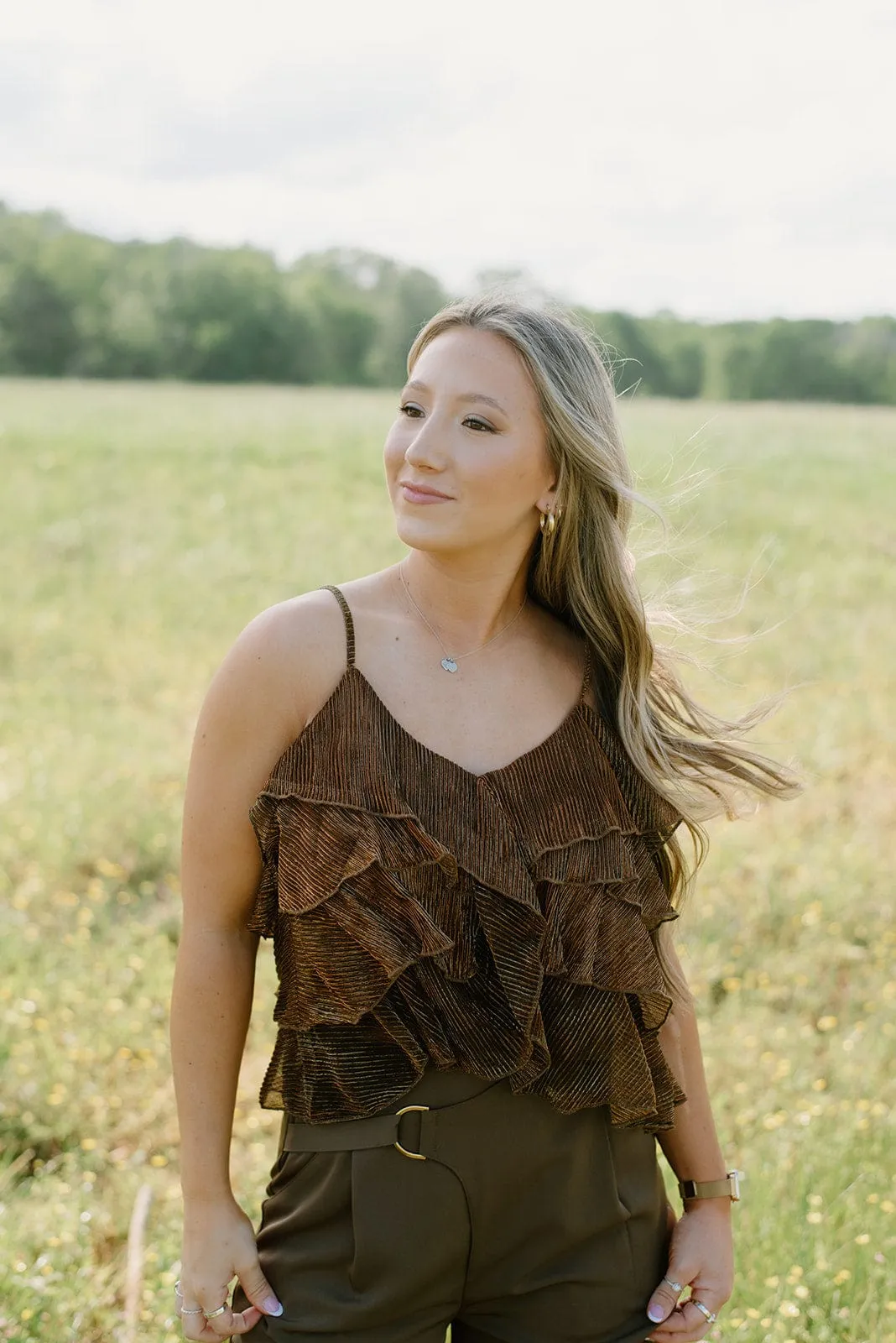 Brown Glitz Ruffle Sleeveless Top