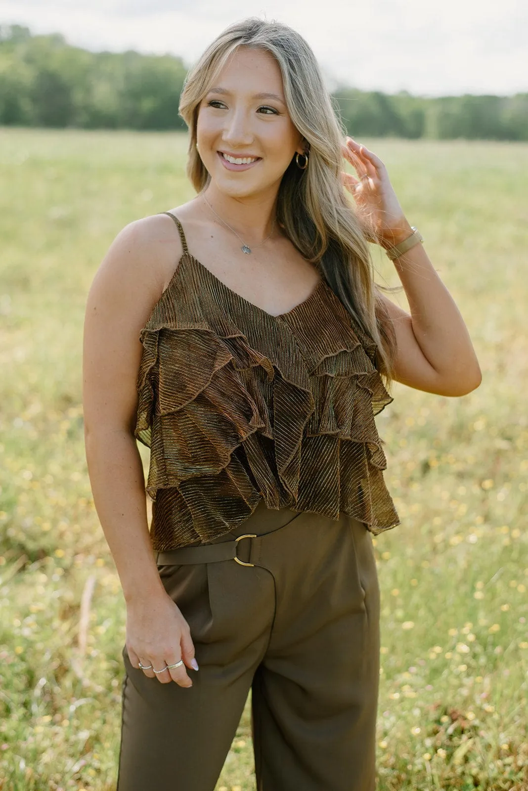 Brown Glitz Ruffle Sleeveless Top