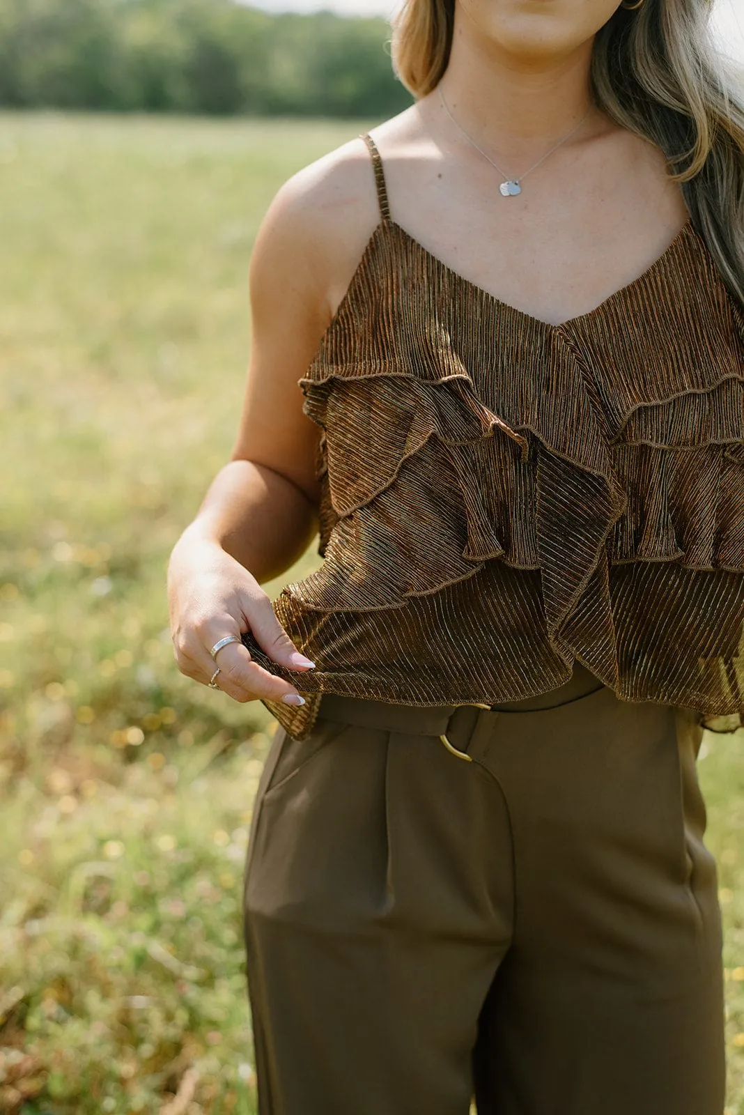 Brown Glitz Ruffle Sleeveless Top