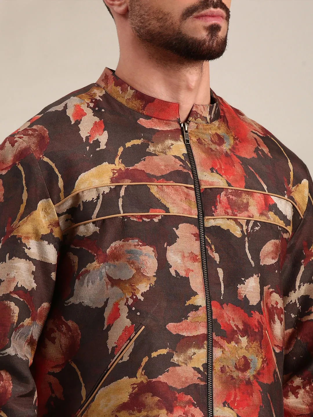 Brown Printed Silk Muslin Bomber Jacket