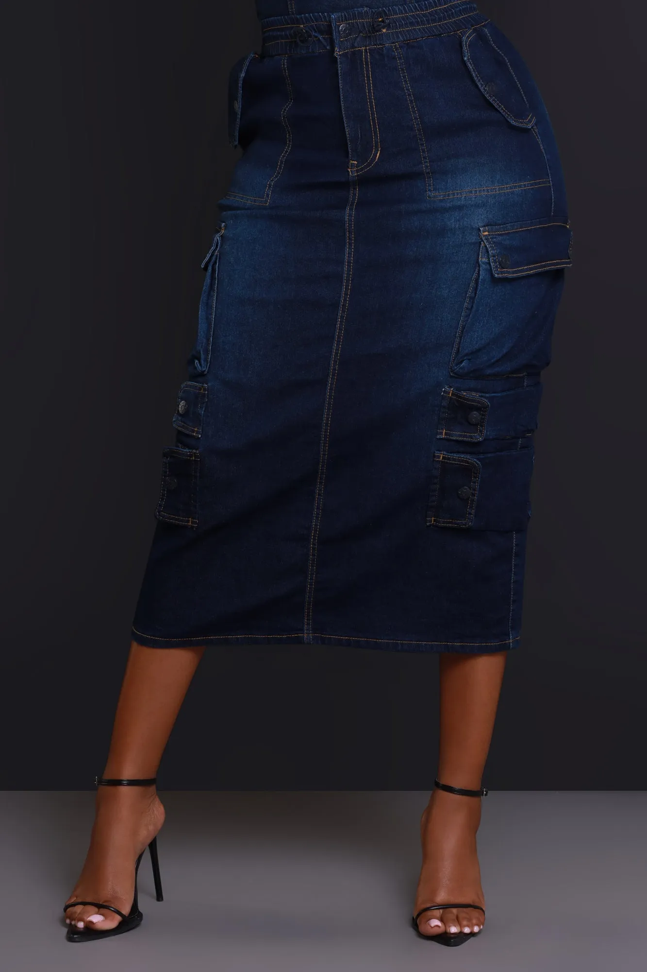 By Default Denim Cargo Midi Skirt - Dark Wash