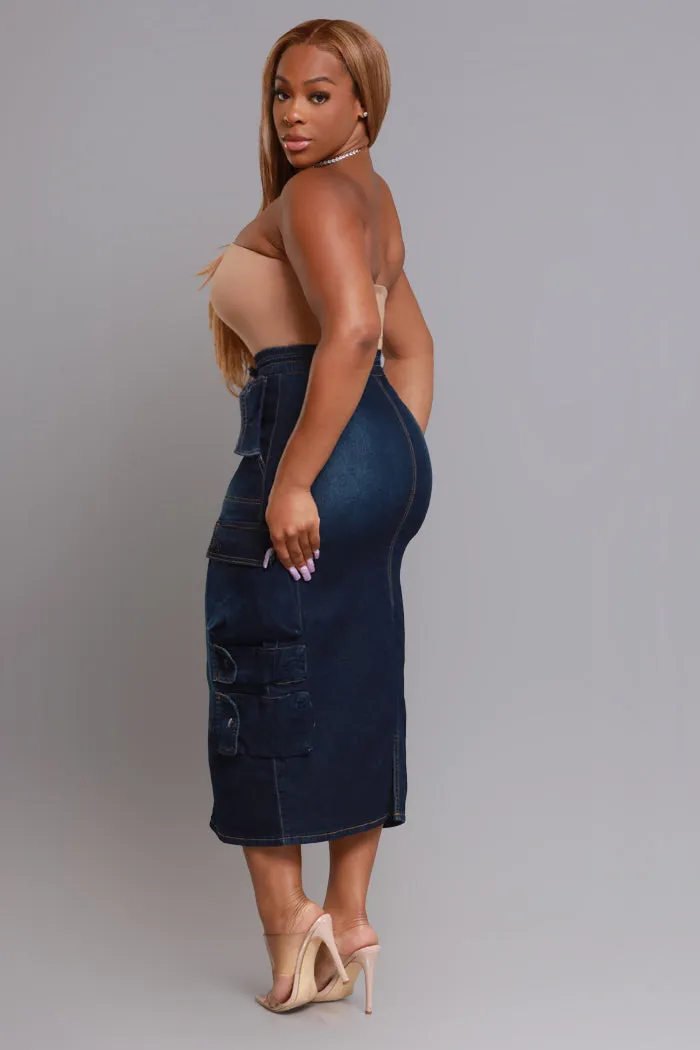 By Default Denim Cargo Midi Skirt - Dark Wash