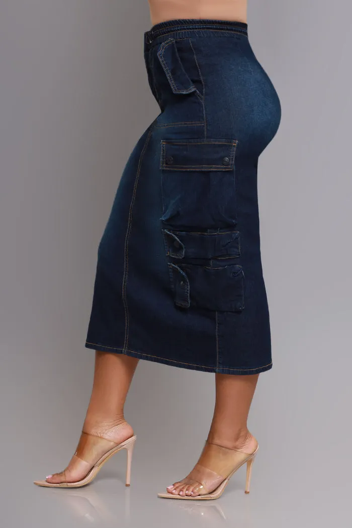 By Default Denim Cargo Midi Skirt - Dark Wash