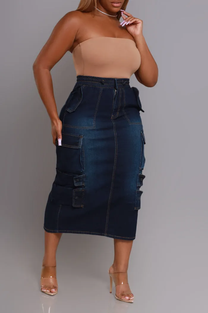 By Default Denim Cargo Midi Skirt - Dark Wash