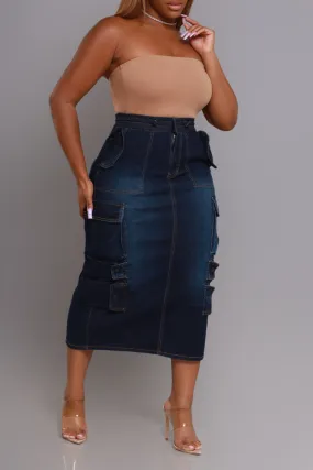 By Default Denim Cargo Midi Skirt - Dark Wash