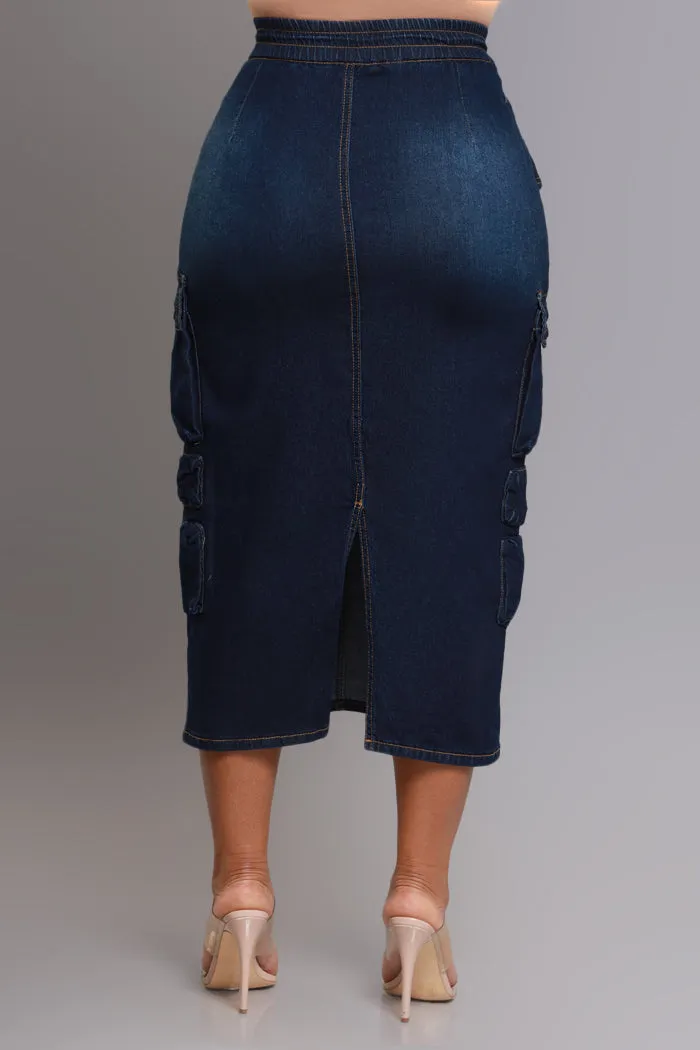 By Default Denim Cargo Midi Skirt - Dark Wash