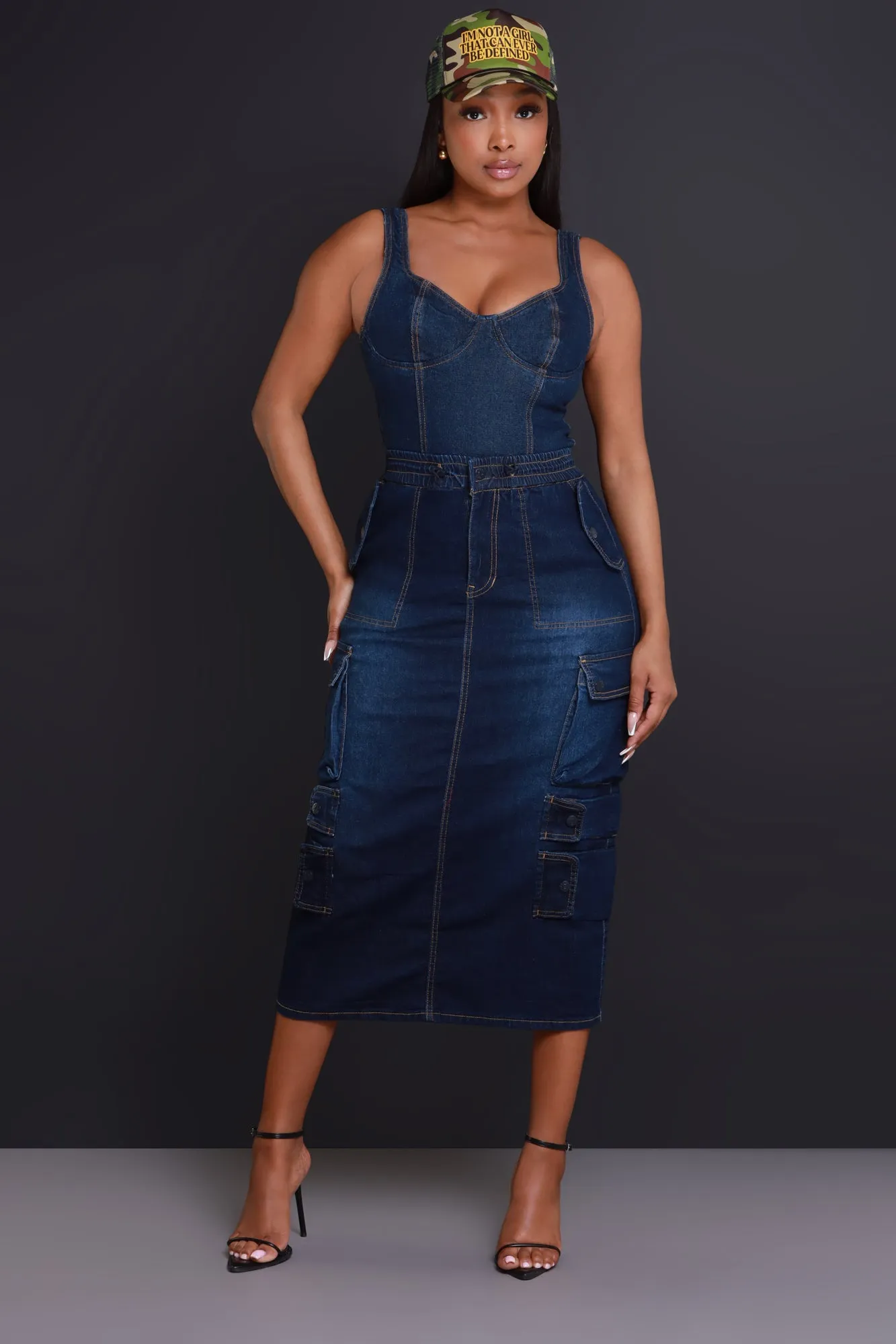 By Default Denim Cargo Midi Skirt - Dark Wash