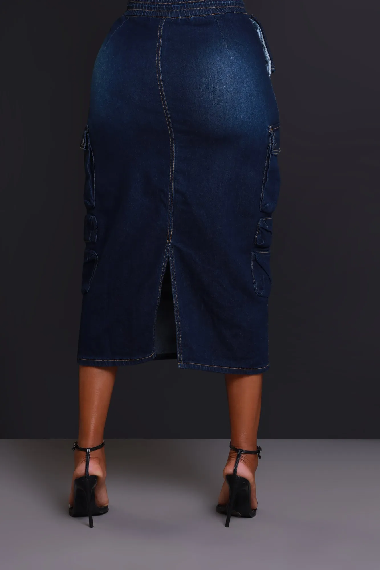 By Default Denim Cargo Midi Skirt - Dark Wash