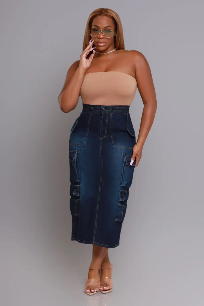 By Default Denim Cargo Midi Skirt - Dark Wash