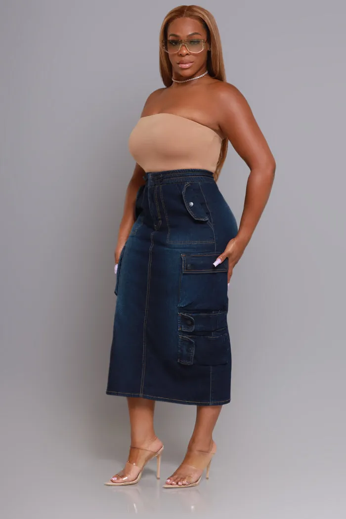 By Default Denim Cargo Midi Skirt - Dark Wash