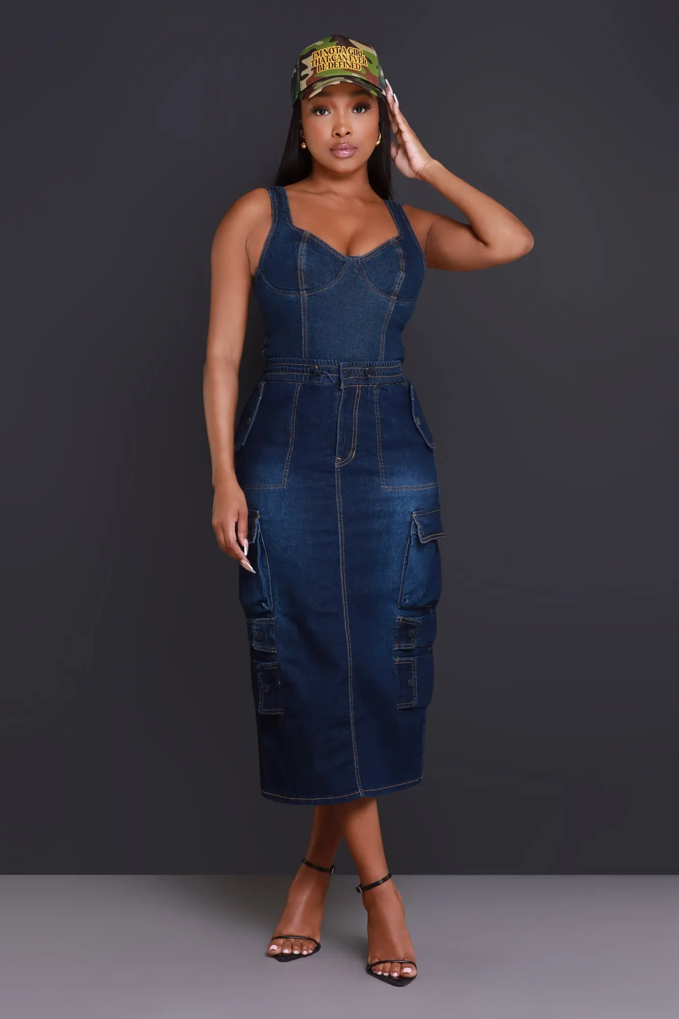 By Default Denim Cargo Midi Skirt - Dark Wash