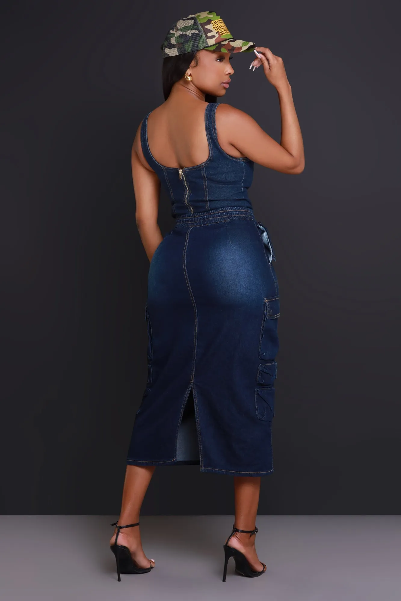 By Default Denim Cargo Midi Skirt - Dark Wash