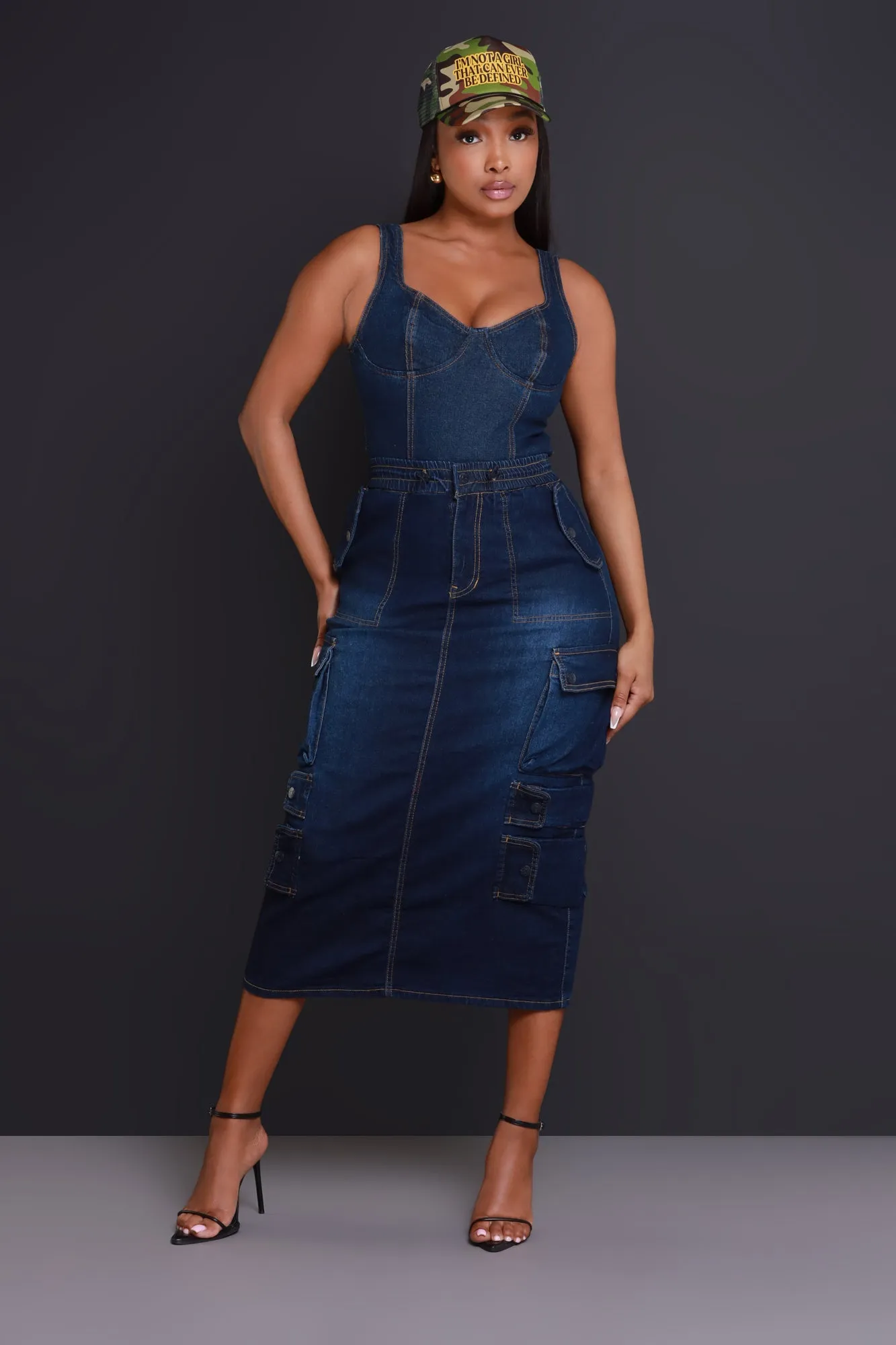 By Default Denim Cargo Midi Skirt - Dark Wash