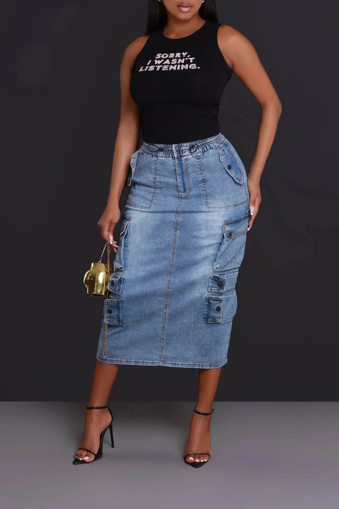 By Default Denim Cargo Midi Skirt - Light Wash