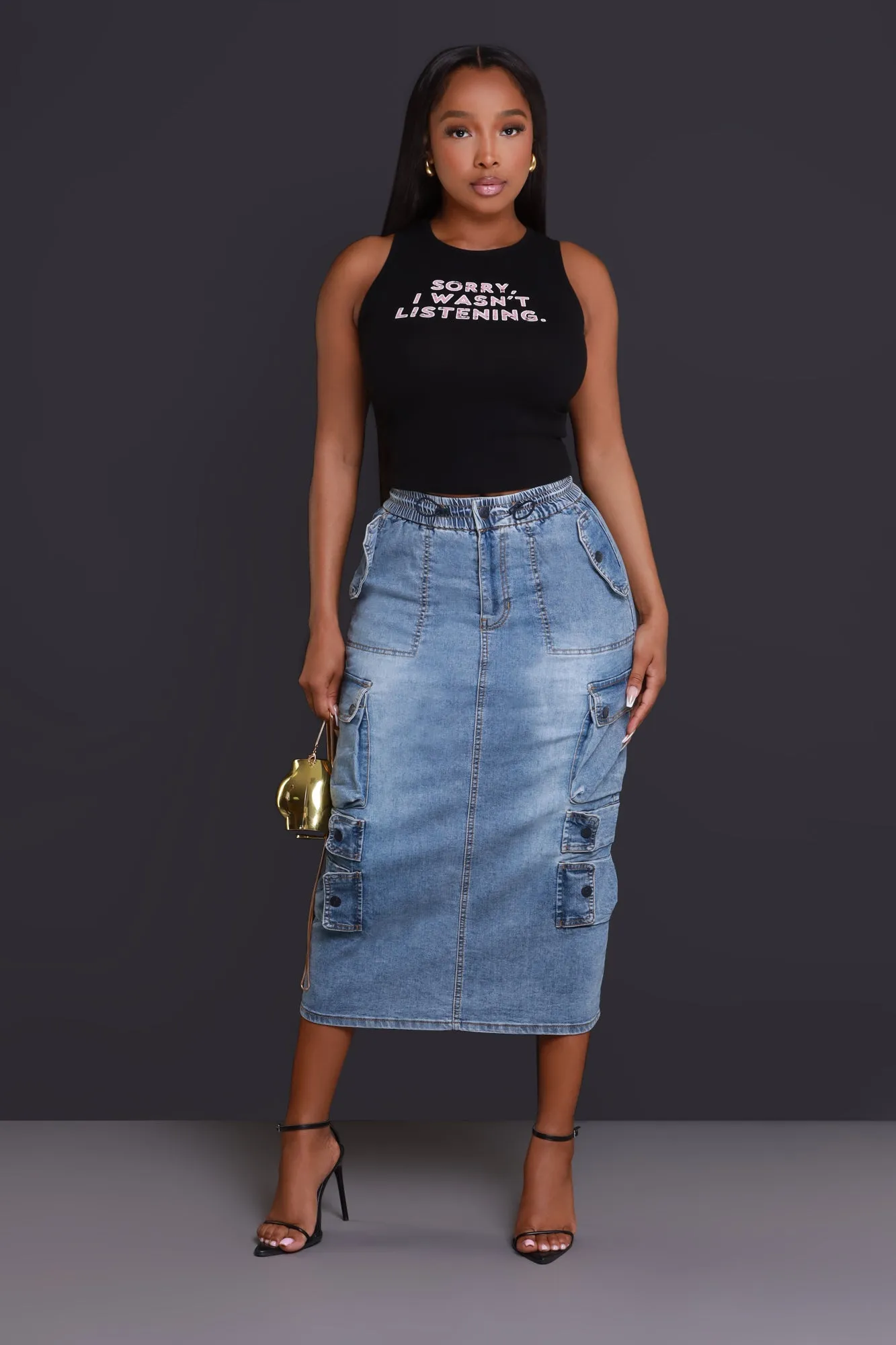 By Default Denim Cargo Midi Skirt - Light Wash