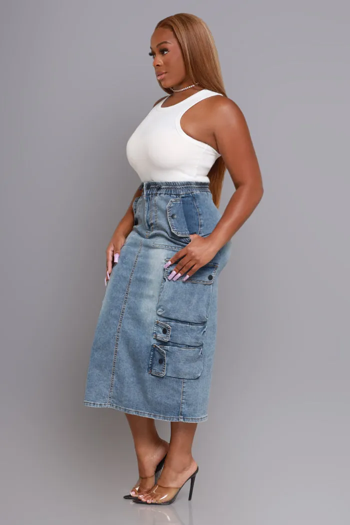 By Default Denim Cargo Midi Skirt - Light Wash