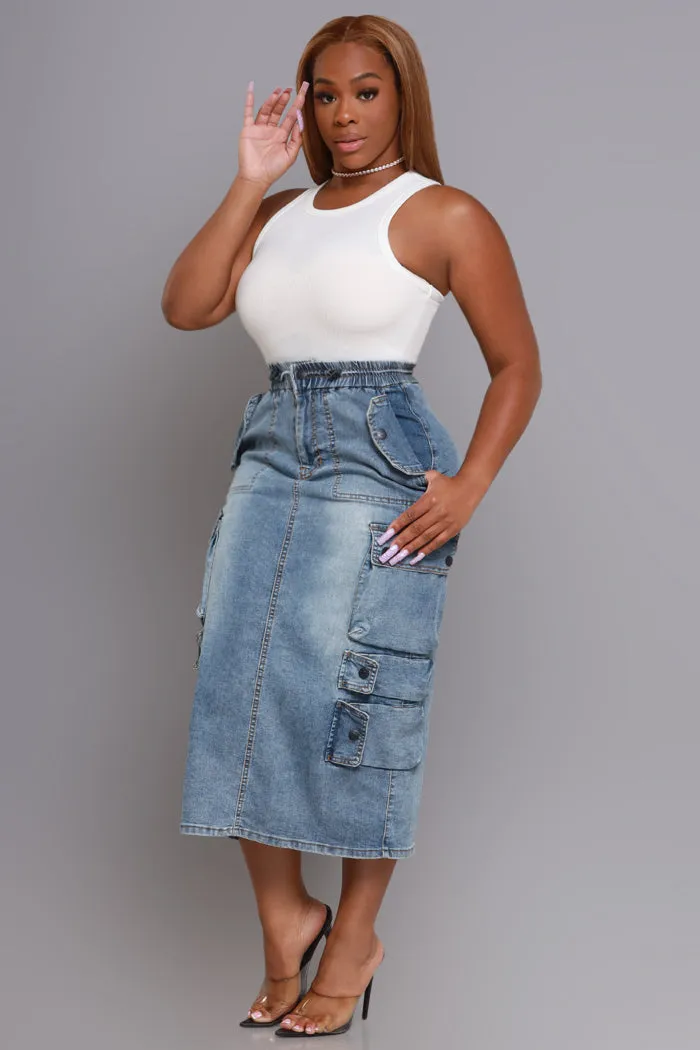 By Default Denim Cargo Midi Skirt - Light Wash