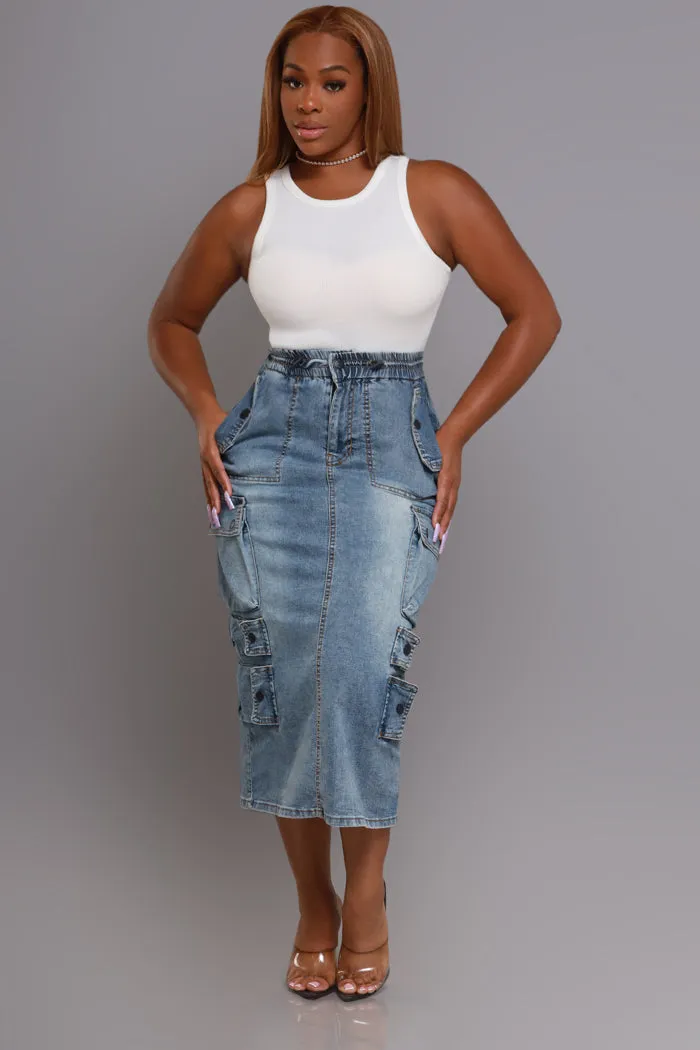 By Default Denim Cargo Midi Skirt - Light Wash