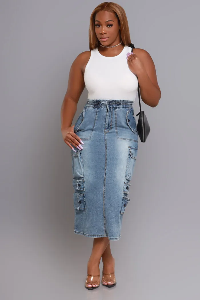 By Default Denim Cargo Midi Skirt - Light Wash