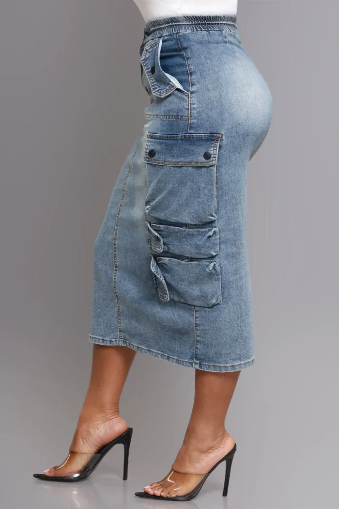 By Default Denim Cargo Midi Skirt - Light Wash